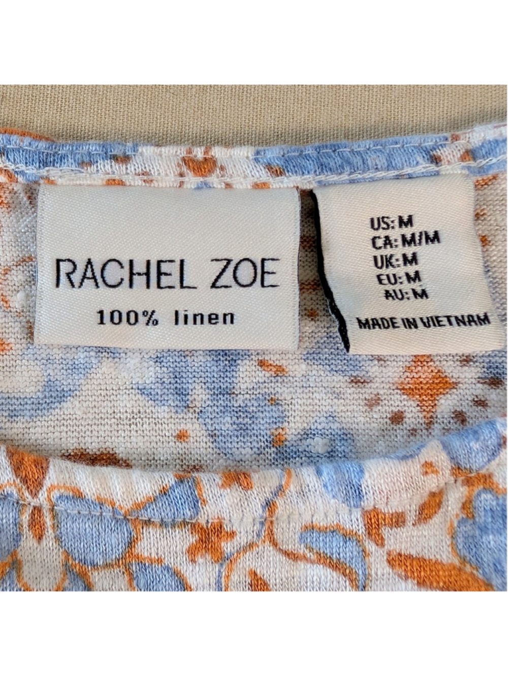 Rachel Zoe Linen Top M Blue Orange Floral Boho Coastal Lightweight Blouse - Picture 9 of 12